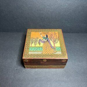 VTG Square Wooden Brass Inlay Red Velvet Lined Indian Woman Hinged Trinket Box